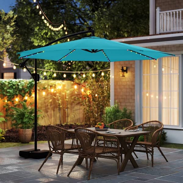 10 ft. Solar Offset Hanging Tilt Cantilever Patio Umbrella with Base in Turquoise