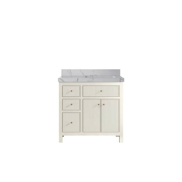 Willow Collections Sonoma 36 in. Right Sink Freestanding Alabaster Bath Vanity with Venatino Quartz Top Unassembled