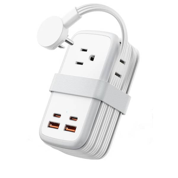 7 in 1 White Travel Power Adaptor with 3 Outlets, 4 USB (2 C) and 4 ft. Extension Cord, 65W USB Fast Charging Station
