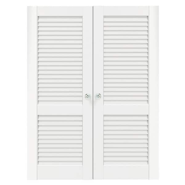 60 in. x 80 in. Composite, MDF, Louvered Panel, Primed, White Interior Door Slab With Silver Sphere Doorknob