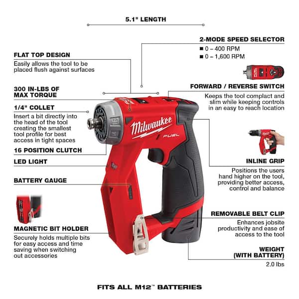 Milwaukee M12 FUEL 12V Li-Ion Brushless Cordless 4-in-1 Installation 3/8 in. Drill Driver Kit, 4-Heads & PACKOUT Bit Set (60-Pc)