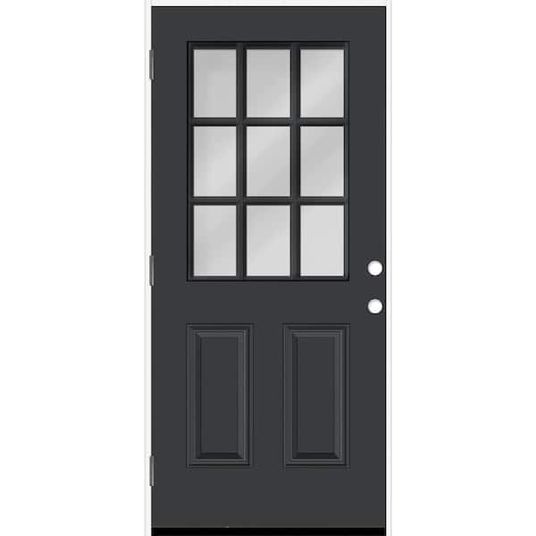 Reliant 36 in. x 80 in. 2P HalfLite 9L SDL Clear Glass RHOS Black Finish Fiberglass Prehung Front Door w/6-9/16 Jamb