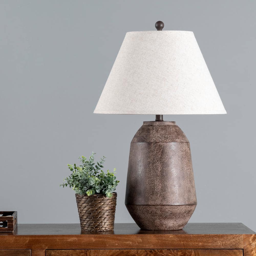 Rustic Brown Resin Table Lamp with White Fabric Shade