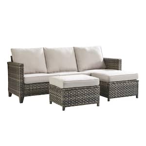 Serga Gray 3-Piece Wicker Outdoor Patio Lounge Chair with White Cushions and 2 Ottomans