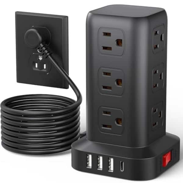 10 ft. 12-Outlet Surge Protector Power Strip Tower with 4 USB Ports (1 USB-C), Extension Cord for Home Office Desk Dorm