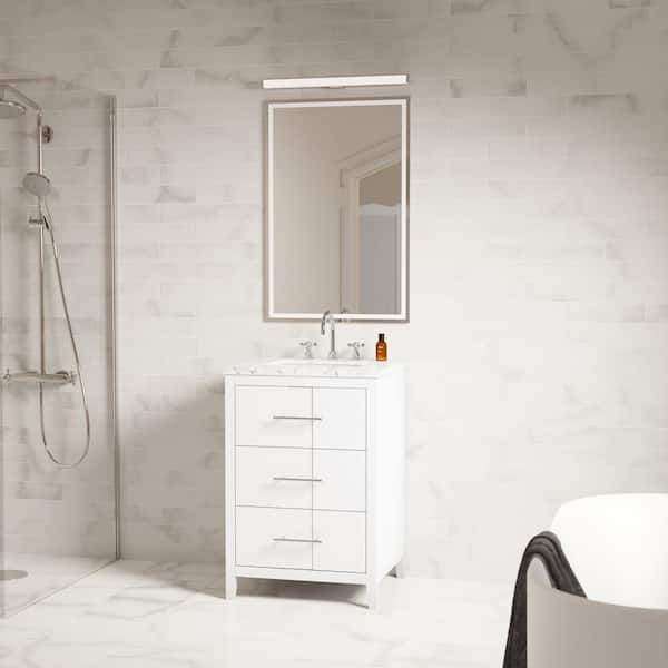 Emblem 24 in. W x 21 in. D x 34 in. H Single Sink Bath Vanity in White with Carrara Marble Top and Ceramic Basin