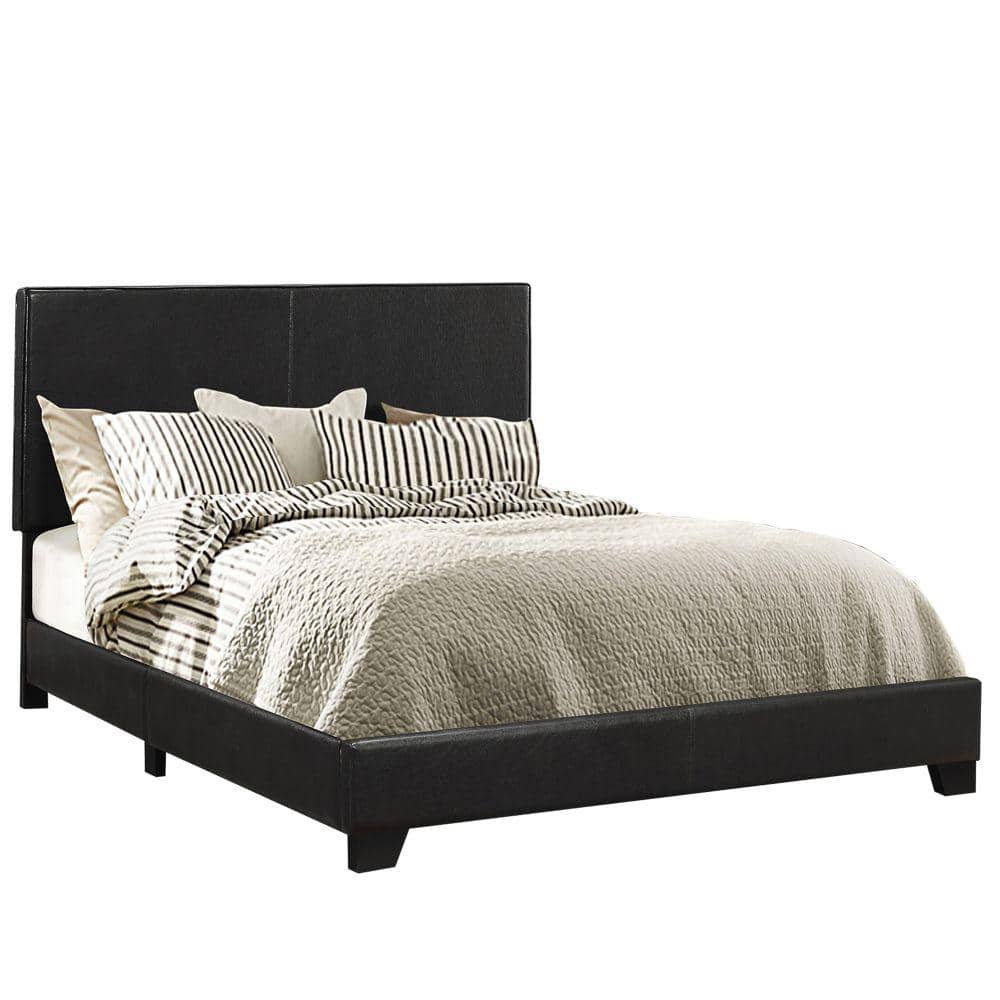 Black Leather Upholstered Queen Platform Bed with Wooden Frame