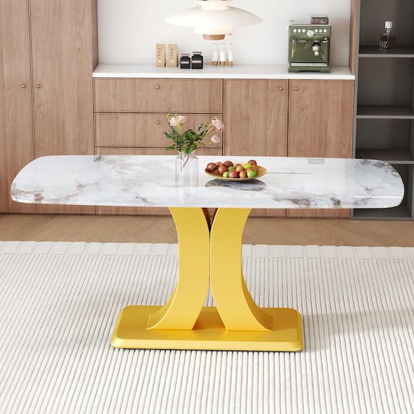 White/Gold 71.00 in. W Glass Top Dining Table with Pedestal Base Seats 4