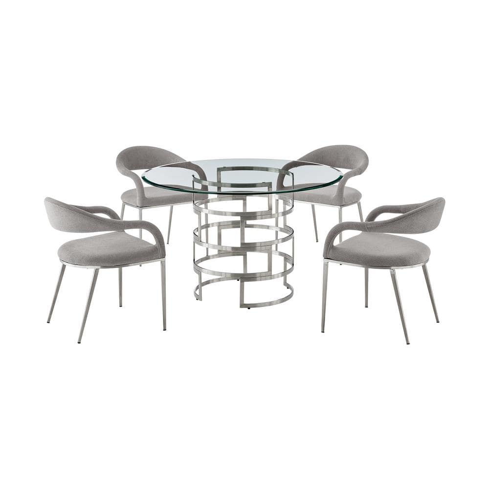 Diaz Morgan 5-Piece Light Gray Fabric Stainless Steel and Glass Top Dining 