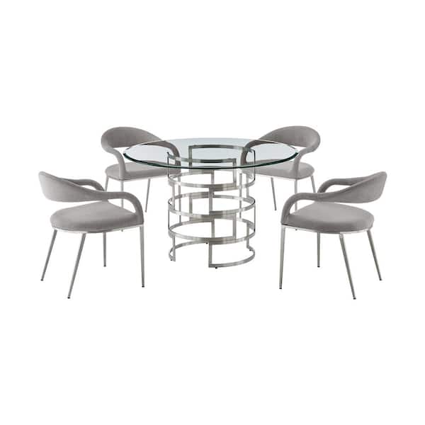 Armen Living Diaz Morgan 5-Piece Light Gray Fabric Stainless Steel and Glass Top Dining Set Seats 4