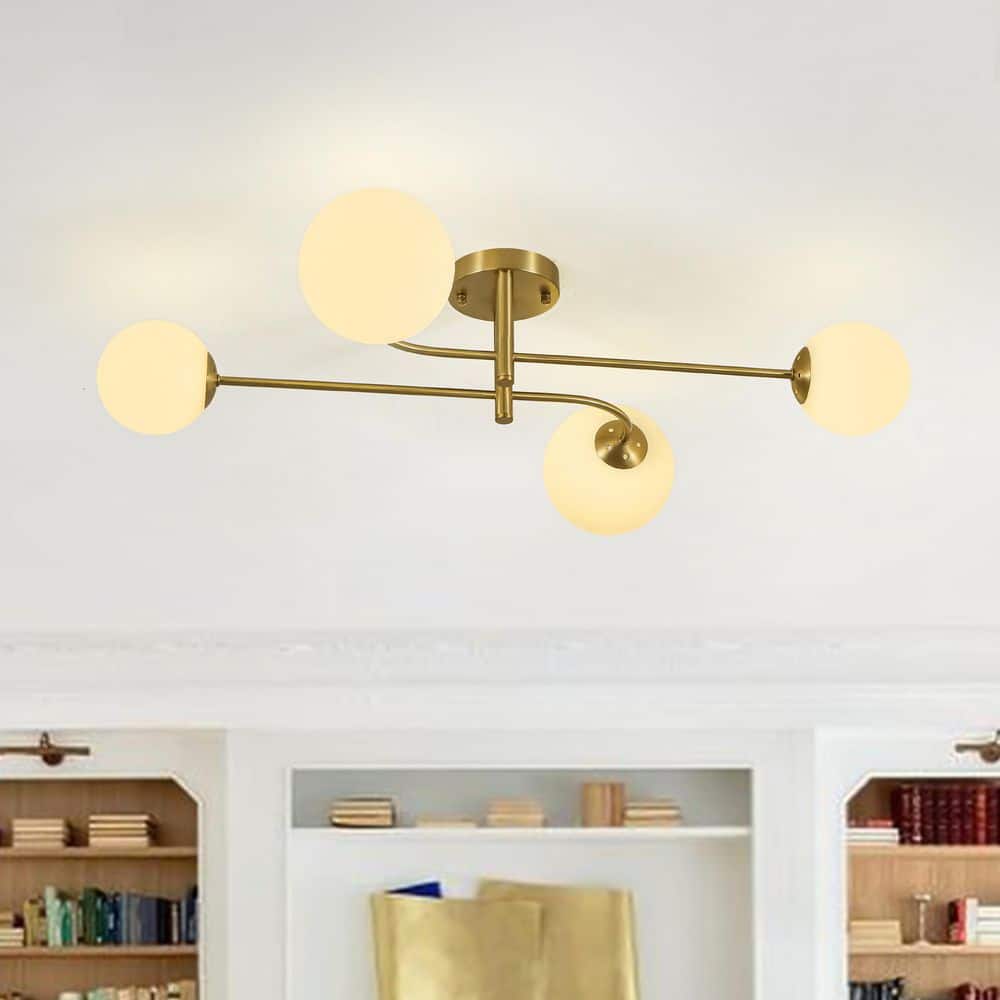 Ceder 4-Light 33.5 in.W Brushed Gold Sputnik Semi-Flush Mount with Frosted Opal Glass Globes for Dining Room/Living Room price history on PriceWatchPro