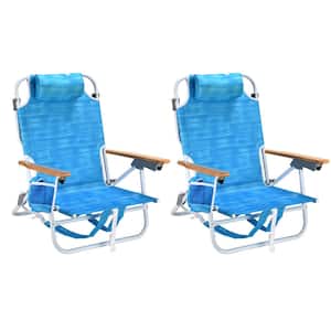 2-Piece Light Blue 5-Position Adjustment Aluminum Folding Beach Chair with Storage Bag for Patio Porch Poolside