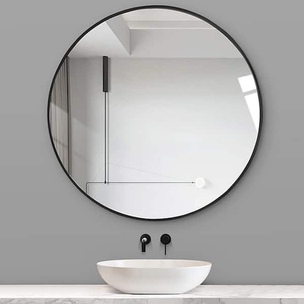FAMYYT Flipped 30 in. W x 30 in. H Small Round Aluminium Framed Wall Bathroom Vanity Mirror in Black