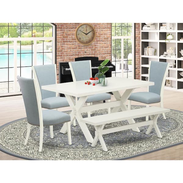 East West Furniture 6-Piece Rectangle Natural Oak Finish Solid Wood Top Dining Table with 1-Bench, 4-Chairs with Lattice Back