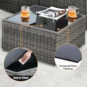 Sanibel Gray 10-Piece Wicker Patio Conversation Sofa Set with a Swivel Chair, a Metal Fire Pit and Black Cushions