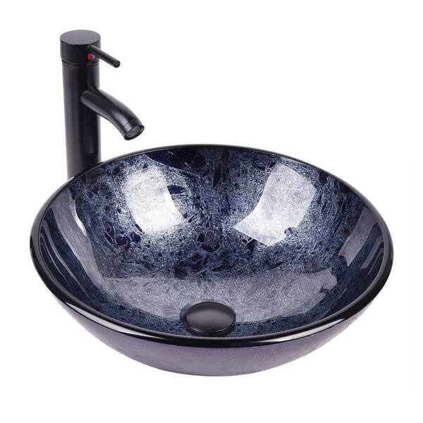 Puluomis Gray Glass Round Vessel Sink with HandMade Pattern USBG1002