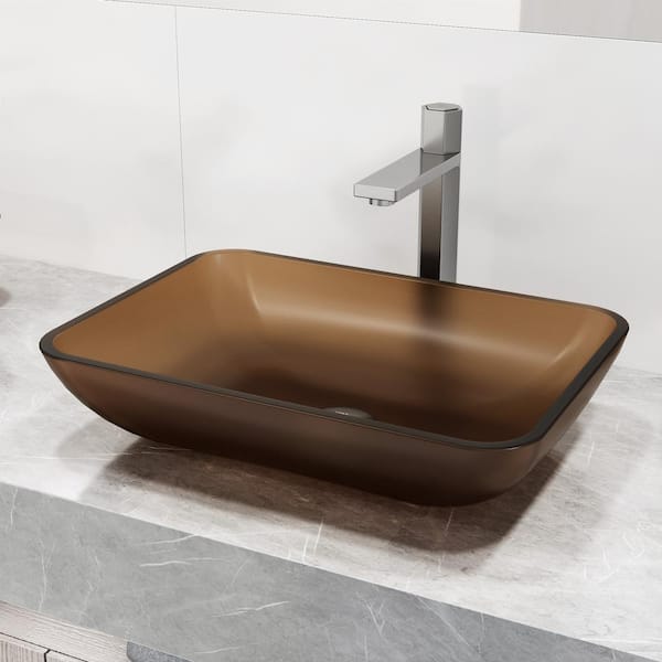 VIGO Amber Sottile Matte Shell Rectangular Glass Bathroom Vessel Sink with Nova Faucet and Pop-Up Drain in Brushed Nickel