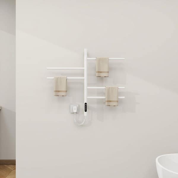 Rotary 5-Bar Plug-in Wall-Mounted Electric Towel Warmer with Timer and 180° Rotating Design in White