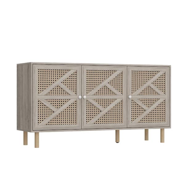 FUFU&GAGA Beige Wooden Grain Wooden 57.1 in. W Sideboard, Storage Cabinet with 4-Adjustable Height Shelves, Rattan Doors