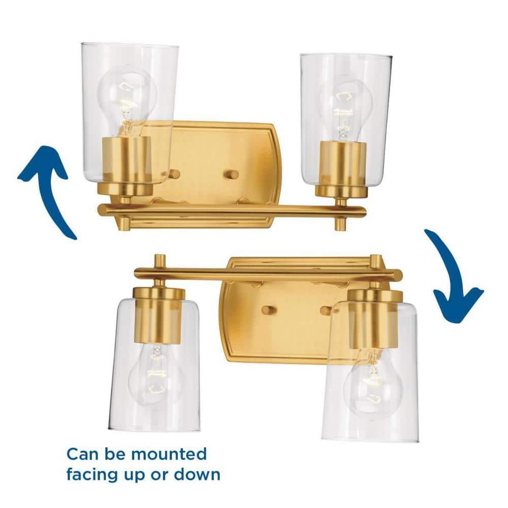 Satin Brass 2-Light Bathroom Vanity Fixture with Clear Glass Shades