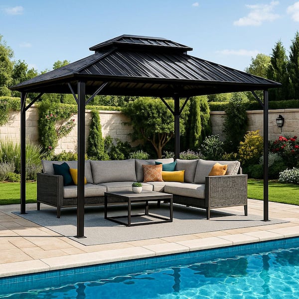 10 ft. x 10 ft. Black Aluminum Hardtop Gazebo with Galvanized Steel Double Roof for Patio, Backyard, and Outdoor Living
