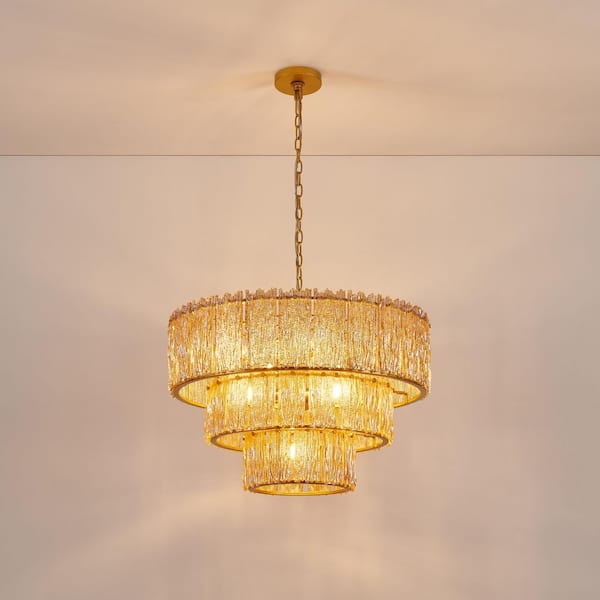 KAWOTI 8-Light Gold 3-Tiered Chandelier Light Fixture with Amber