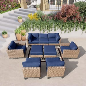 Delta 9-Piece Resin Wicker Aluminum Outdoor Sectional Set with Swivel Lounge Chairs and Acrylic Spectrum Indigo Cushions