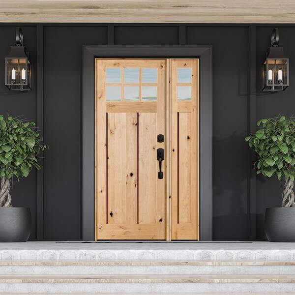 56 in. x 96 in. Craftsman Alder 3-Panel Left-Hand 6-Lite Clear Glass Provincial Wood Prehung Front Door/Right Sidelite