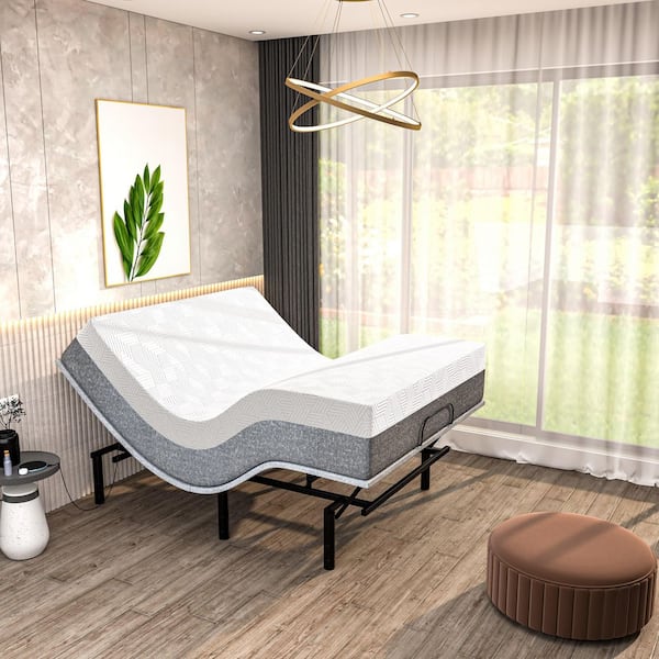 Gray Twin XL Adjustable Bed Frame with 14 in.Cooling Gel Memory Foam Mattress, Massage, USB, Under-Bed Light, Remote/App