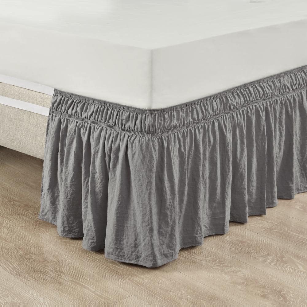 Dark Gray Ruched Ruffle Elastic Easy Wrap Around Queen/King/Cal King Bed Skirt