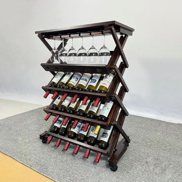 IDEAGLE Freestanding 26-Bottle Walnut Pine Wine Display 5-Tier