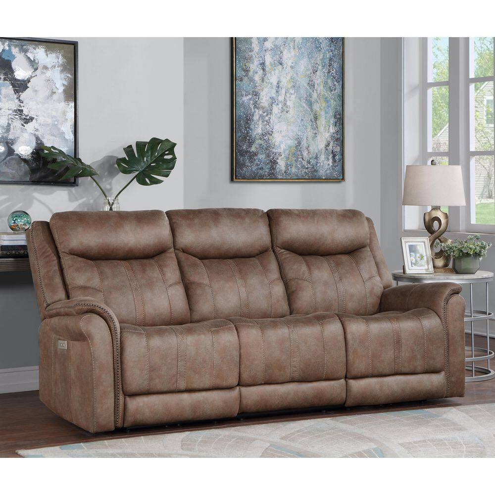 Camel Faux-Suede Power Reclining Sofa with Nailhead Trim
