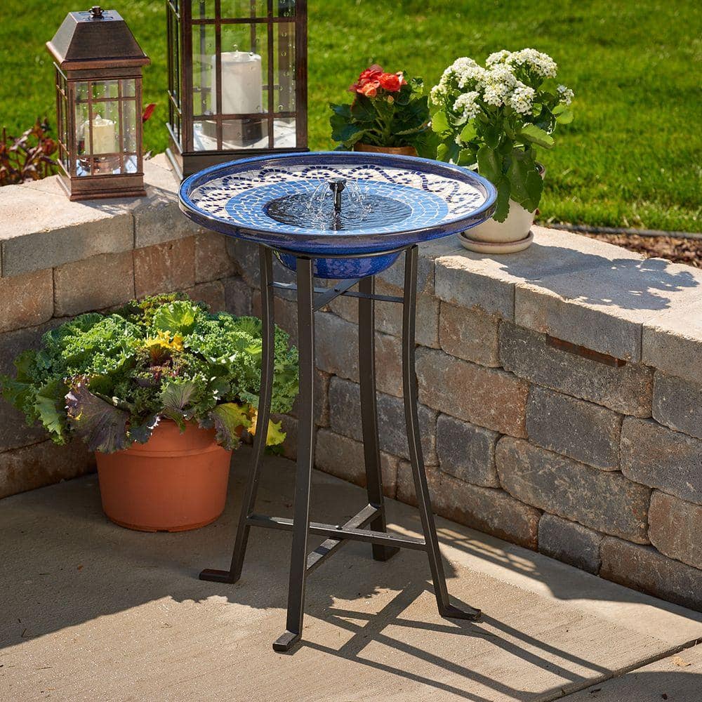 Ravenna Blue Mosaic Ceramic Solar Birdbath with Steel Frame