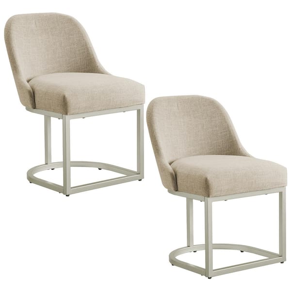 Leick Home Barrelback Dining Chair with Oatmeal Linen Seat and Pewter Metal Base, Set of 2