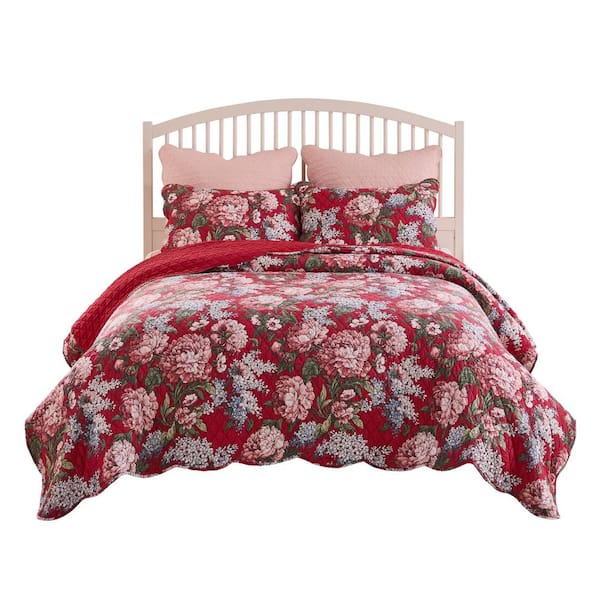 Greenland Home Fashions Millie 3-Piece Transitional Garnet Cotton Blend Full/Queen Quilt Set