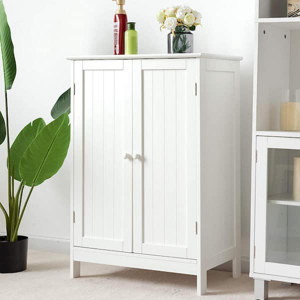 23.5 in. W x 14 in. D x 34.5 in. H White Bathroom Floor Storage Linen Cabinet Double Door Kitchen Cupboard