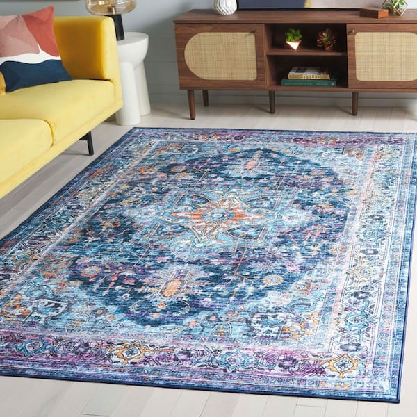 Orlando 5 ft. x 8 ft. Light Blue/Navy Vintage Distressed Medallion Washable Area Rug