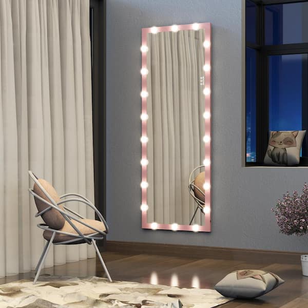 JimsMaison 23 in. W x 63 in. H Large Rectangular Aluminum Framed Dimmable Wall Mounted Bathroom Vanity Mirror in Pink
