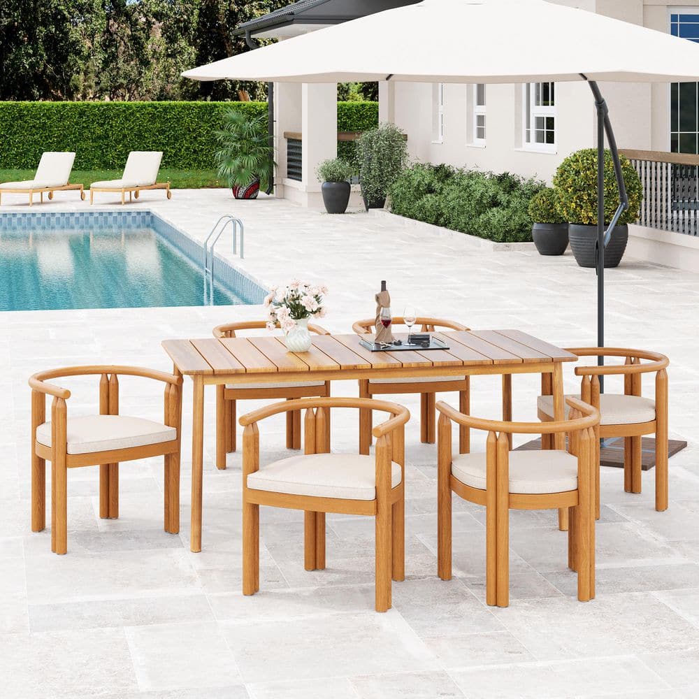 Teak Color 7-Piece Solid Acacia Wood Outdoor Dining Set with Beige Cushions price history on PriceWatchPro