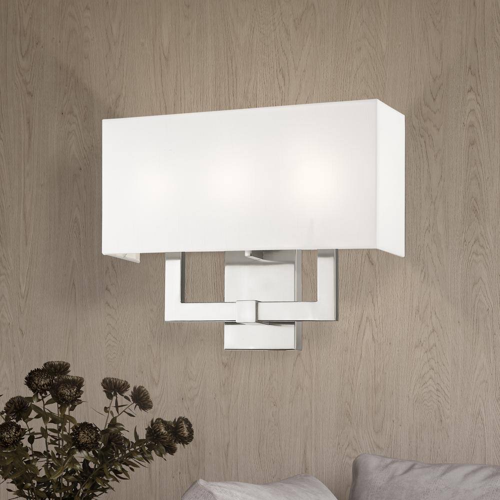 Brushed Nickel 3-Light Sconce with Off-White Fabric Shade