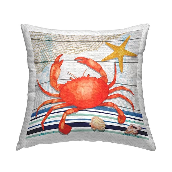 Sea Life Crab Starfish Striped Red Square Outdoor Throw Pillow