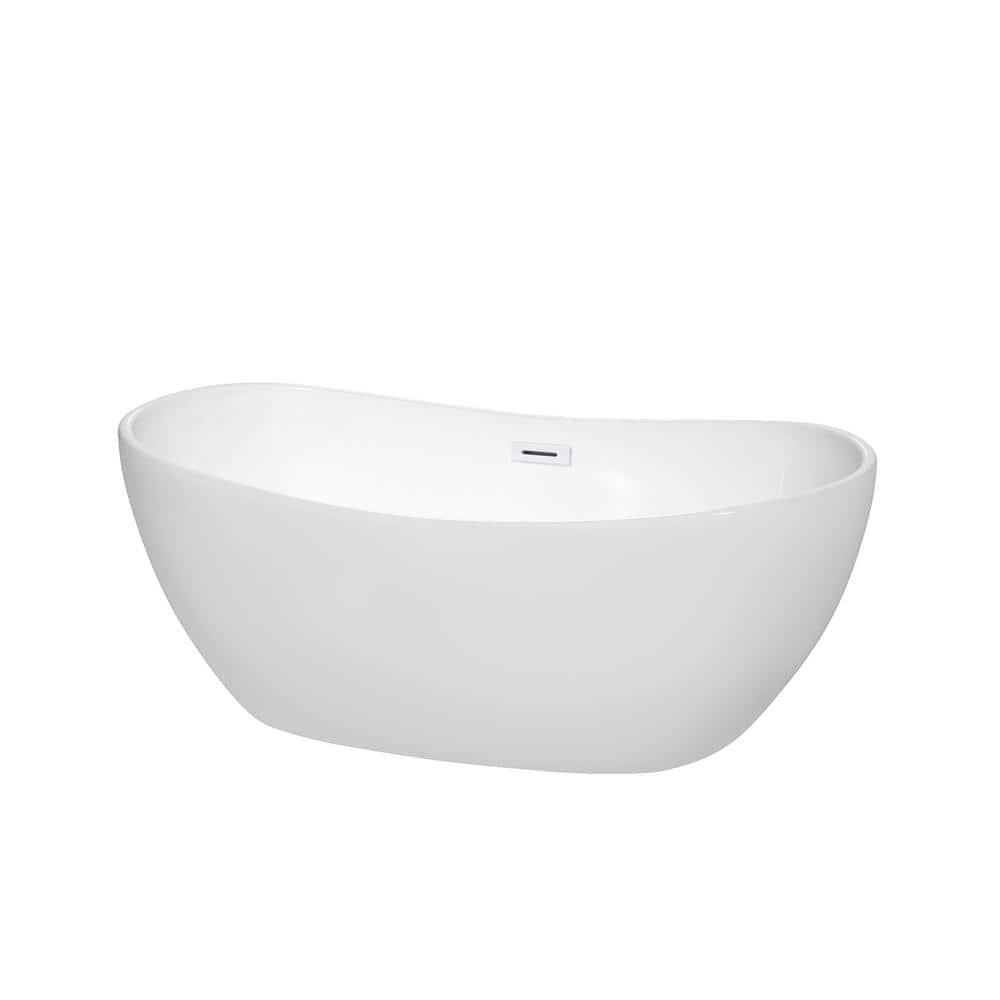 Wyndham Collection Rebecca 60 Freestanding Bathtub in White with Shiny White Drain and Overflow Trim