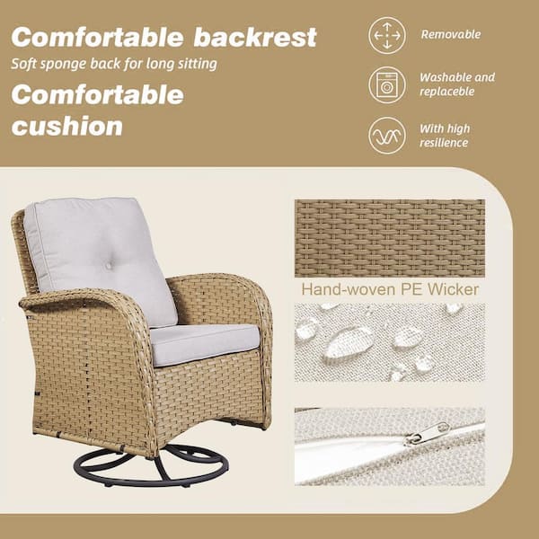 3-Piece Yellow Wicker Patio Conversation Set with Beige Cushions and Coffee Table All-Weather Swivel Rocking Chairs