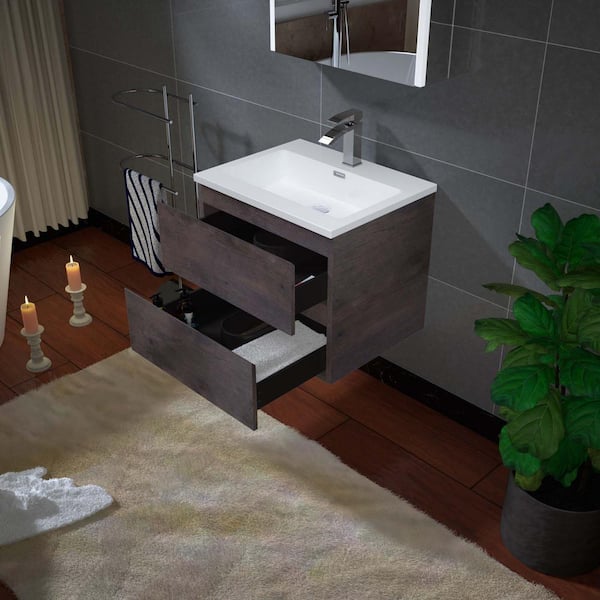 NJ 24 in. W x 18.875 in. D x 19.63 in. H Single Sink Floating Bath Vanity in Rose Wood with White Resin Top