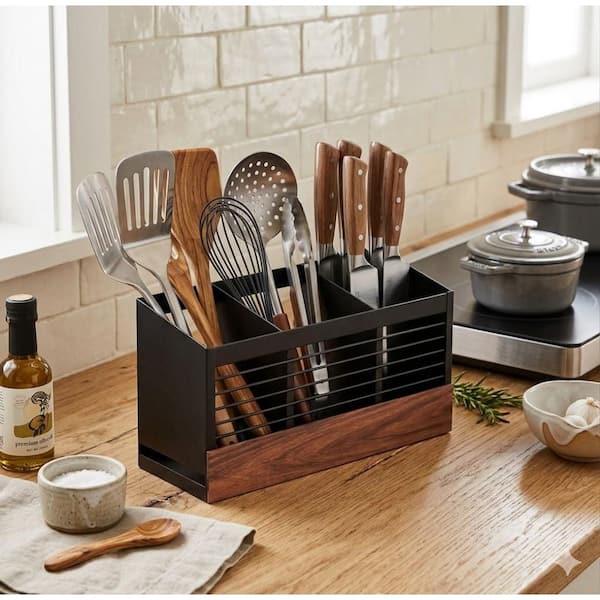 Matte Black Iron Utensil Holder with Diatomaceous Earth Base, Angled Opening, Wall Mount, Wooden Pattern Print