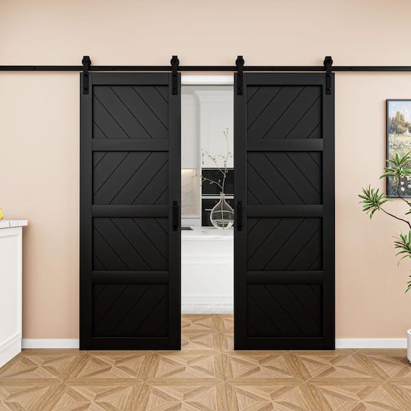 EH PUERTA 60 in. x 84 in. Black Finished 4-Lite Wave Pattern Style MDF Sliding Barn Door with Hardware Kit and Soft Close