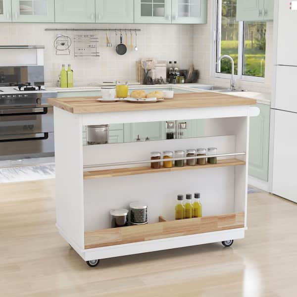 Flynama 2-sided Rolling Kitchen Cart with Wheels, Wood Top, Wine and Spice Rack, 2-Drawers, 3-Open Compartments in White