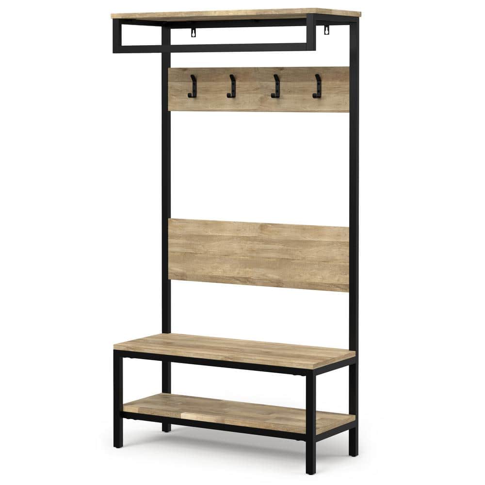 Natural Mango Wood Industrial Hall Tree with Storage Bench