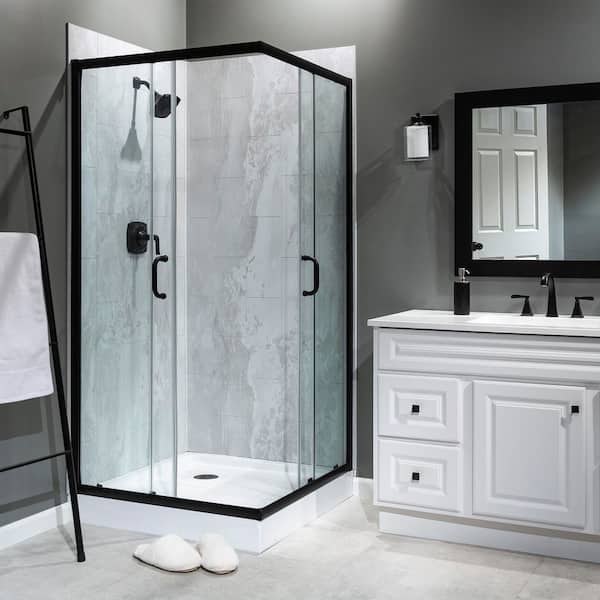 PALISADE 36 in. x 78 in. 2-Piece Glue-Up Corner Shower Wall, Shelf, Trim Kit in Urban Fjord