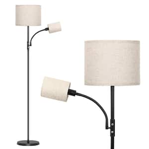 67 in. Classic Black Modern 2-Light Adjustable Gooseneck LED Floor Lamp with Beige Linen Fabric Drum Shade